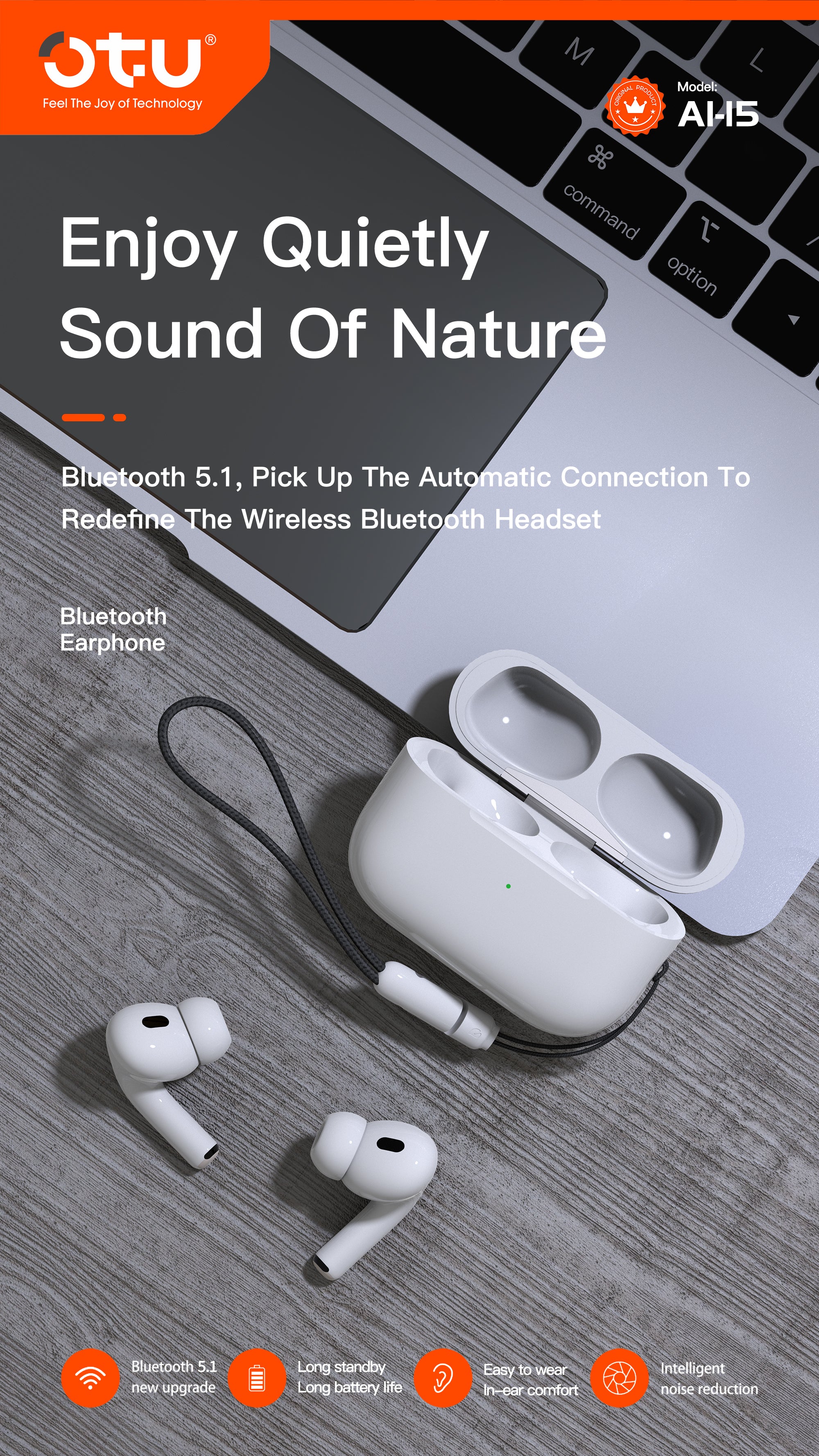OTU Al-15 Wireless Earbuds - Bluetooth 5.1, 4H Talk Time, Hi-Fi Sound, Noise Reduction, Auto Connect
