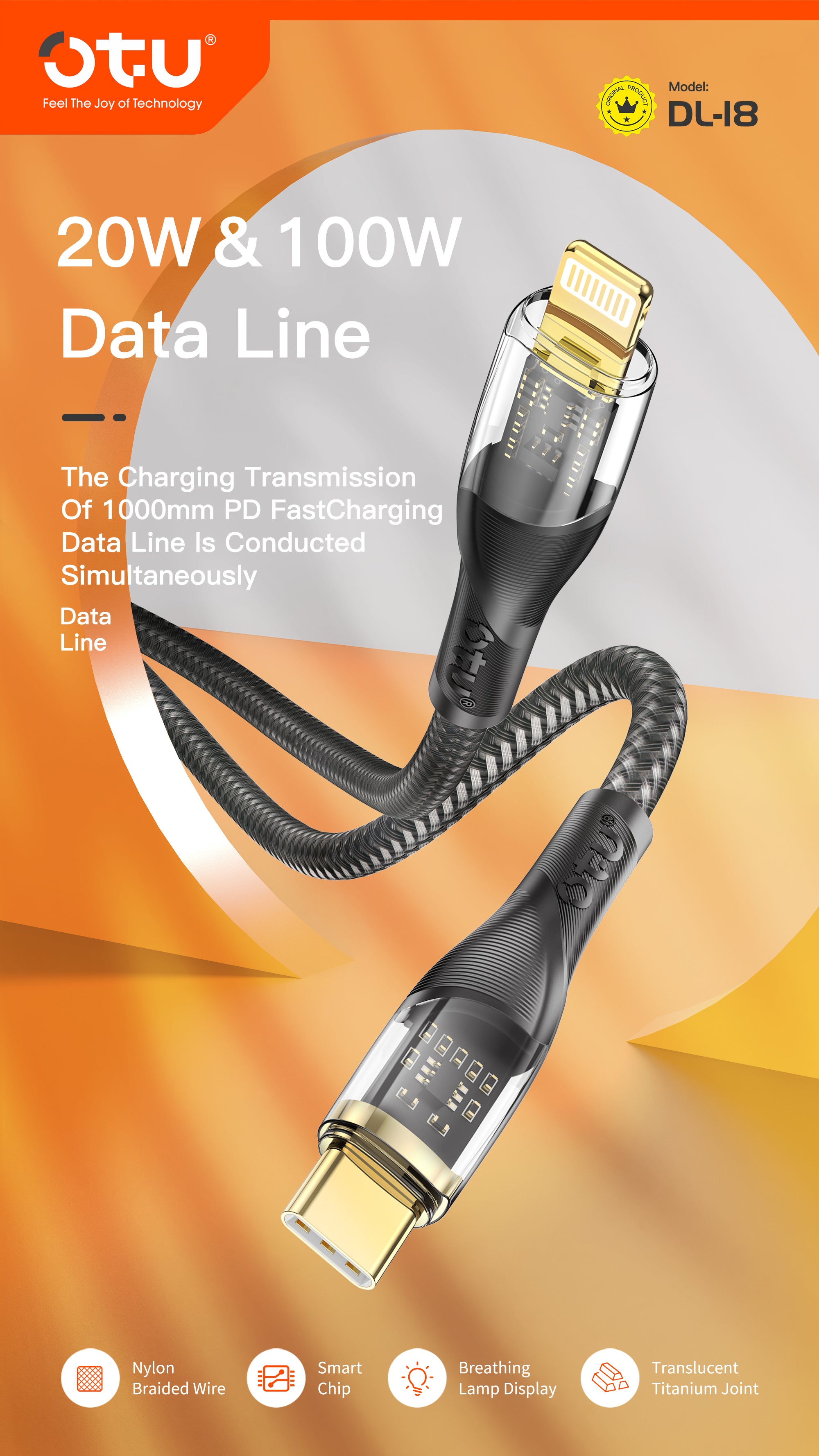 OTU DL18 CC and IC 100W Transparent Fast Charging Cable - Nylon Braided USB-C to Lightning & USB-C to USB-C Cable for High-Speed Data Transfer & Durability