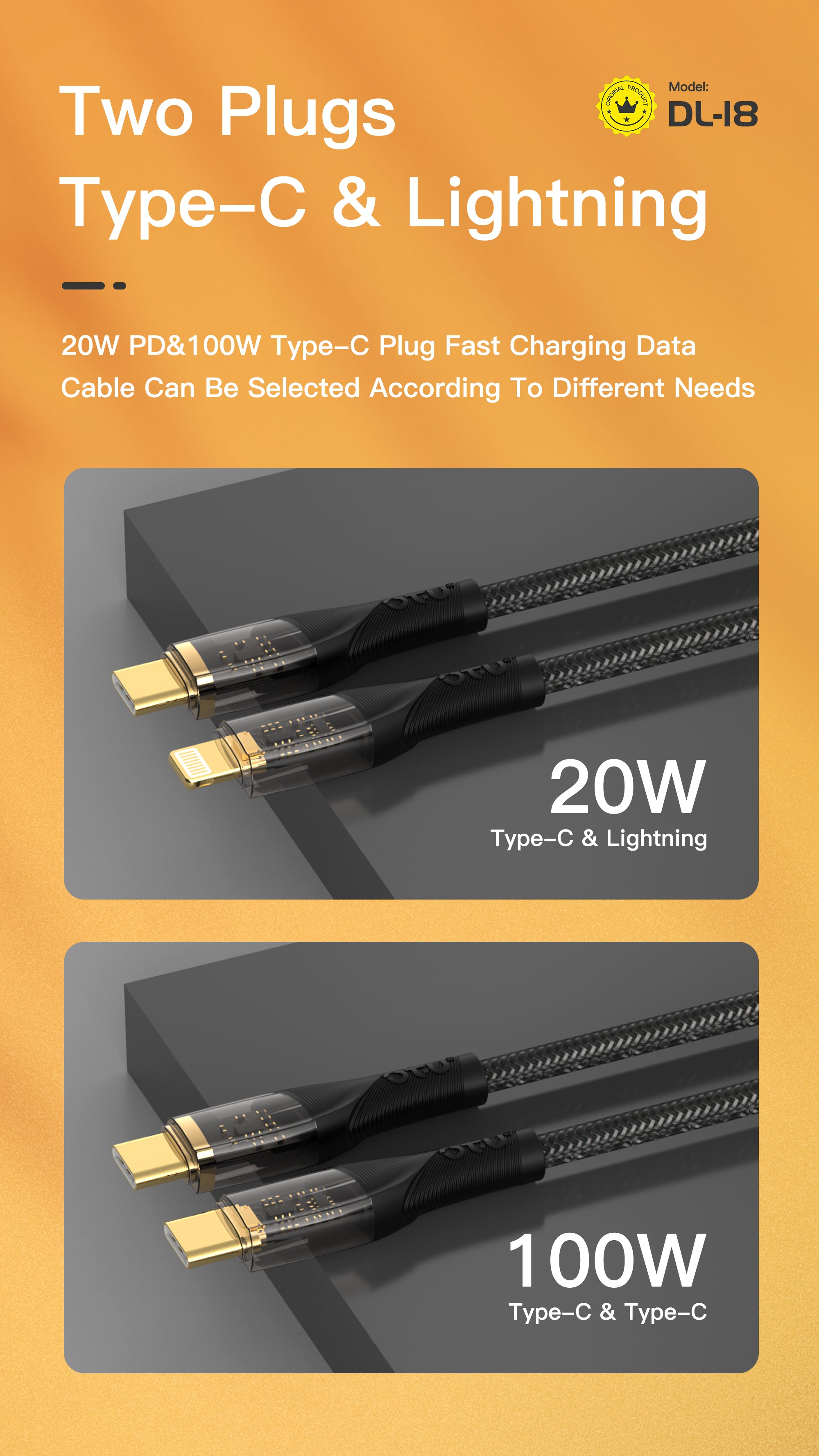 OTU DL18 CC and IC 100W Transparent Fast Charging Cable - Nylon Braided USB-C to Lightning & USB-C to USB-C Cable for High-Speed Data Transfer & Durability