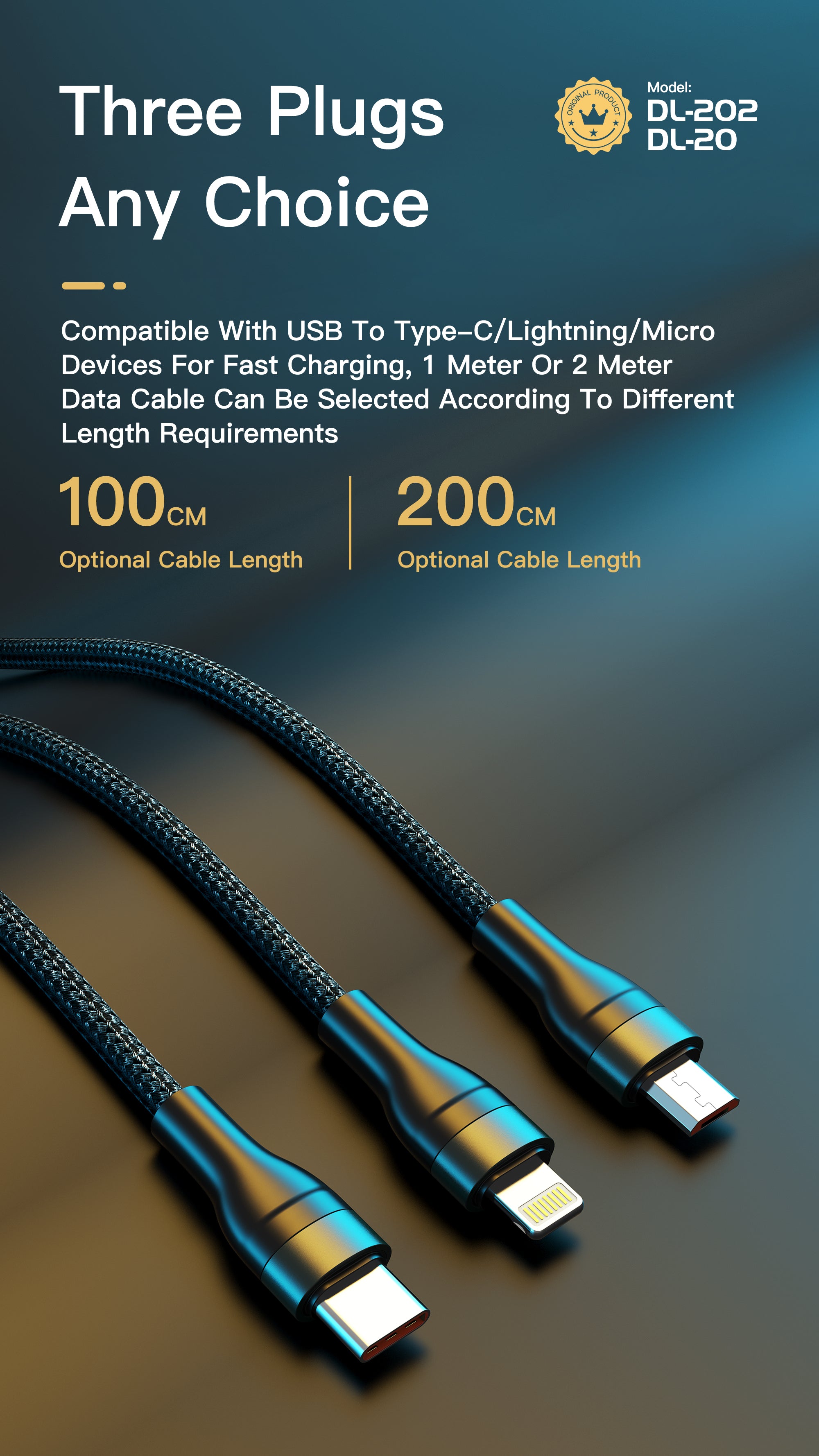OTU DL202 5A Super Fast Charging Cable 2M Nylon Braided USB Cable for Type-C, Lightning, Micro-USB - Data Sync & Rapid Charge