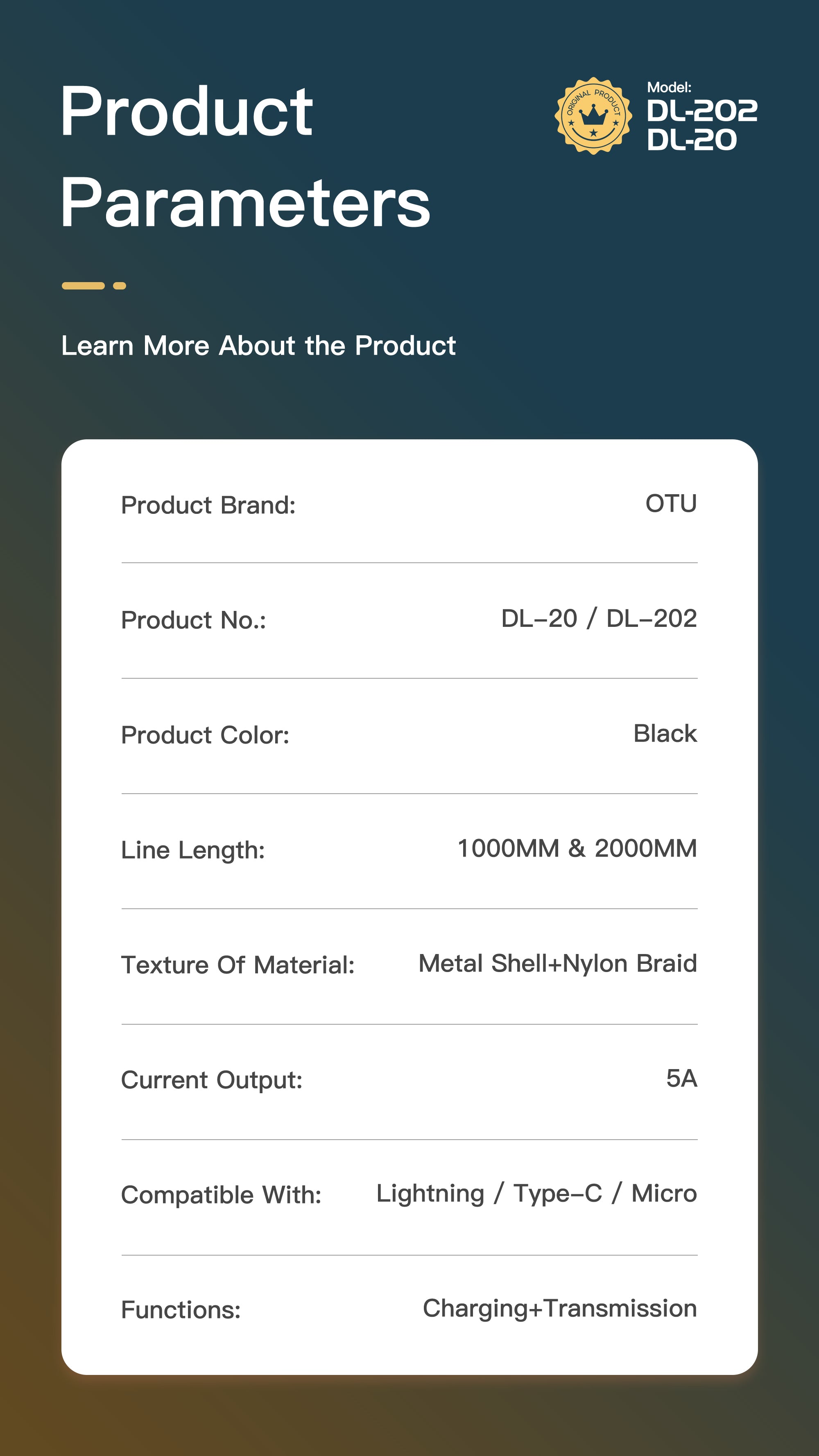 OTU DL20 5A Super Fast Charging Cable 1M  Nylon Braided USB Cable for Type-C, Lightning, Micro-USB - Data Sync & Rapid Charge