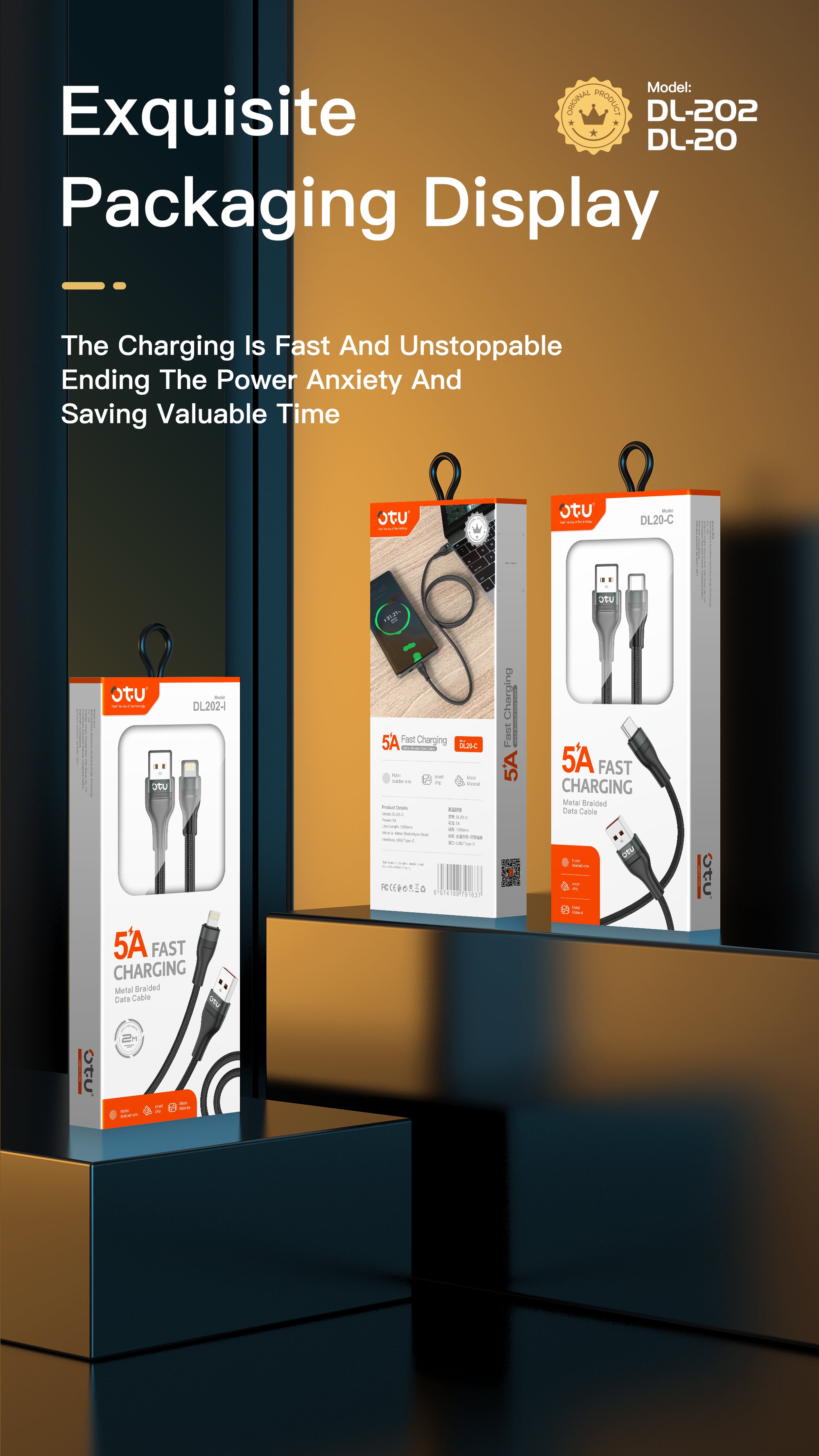 OTU DL20 5A Super Fast Charging Cable 1M  Nylon Braided USB Cable for Type-C, Lightning, Micro-USB - Data Sync & Rapid Charge