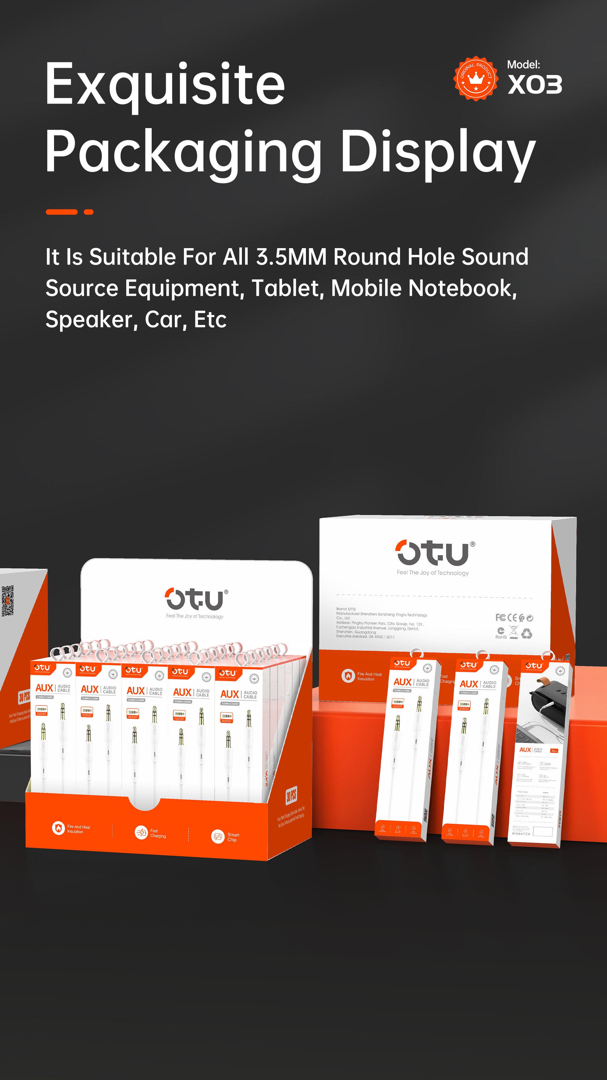 OTU X03 Premium 3.5mm AUX Cable Gold Plated – Noise Cancelling Audio Auxiliary Cord for Car, Home Stereo, Phone, Tablet & More