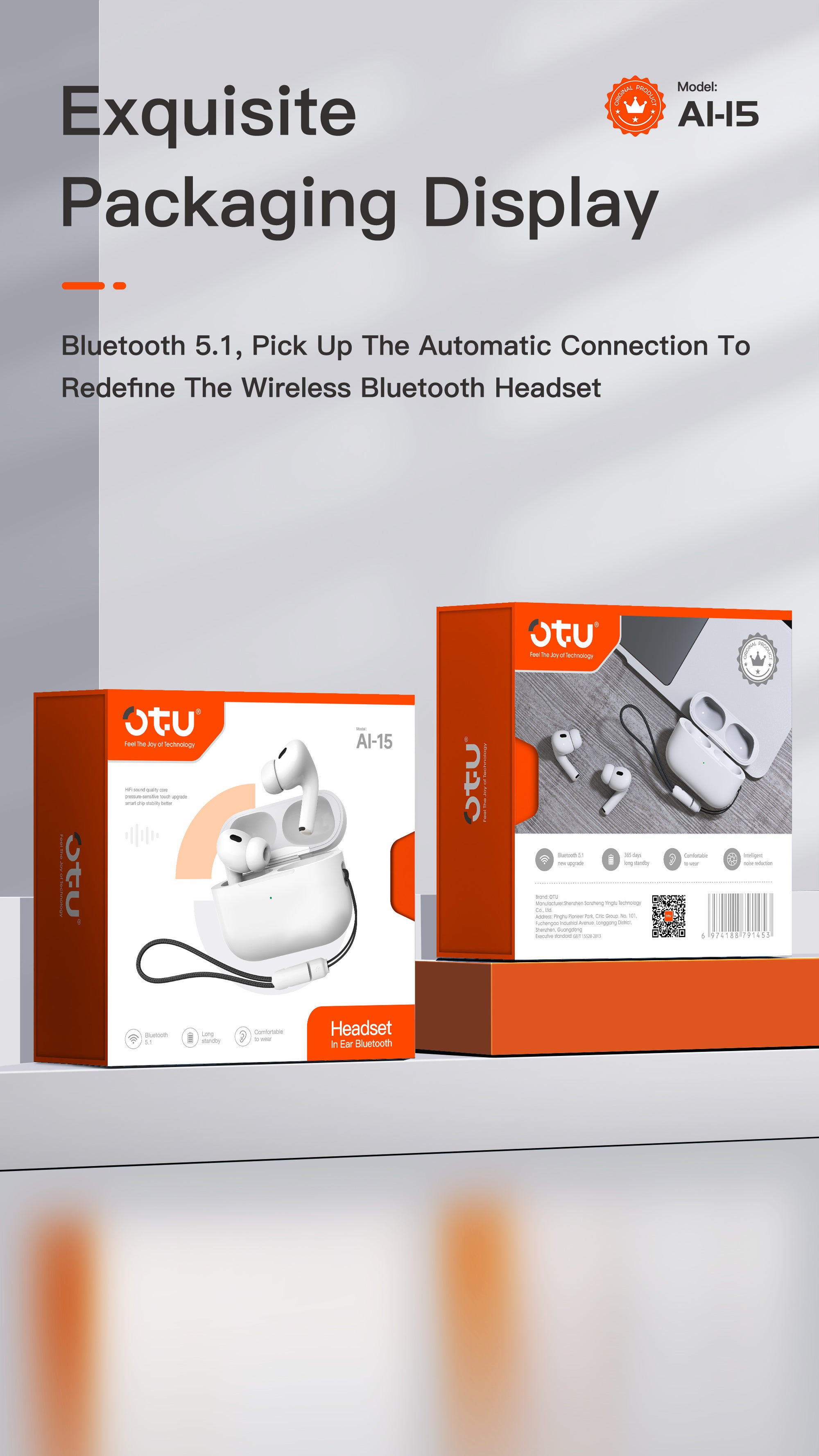 OTU Al-15 Wireless Earbuds - Bluetooth 5.1, 4H Talk Time, Hi-Fi Sound, Noise Reduction, Auto Connect