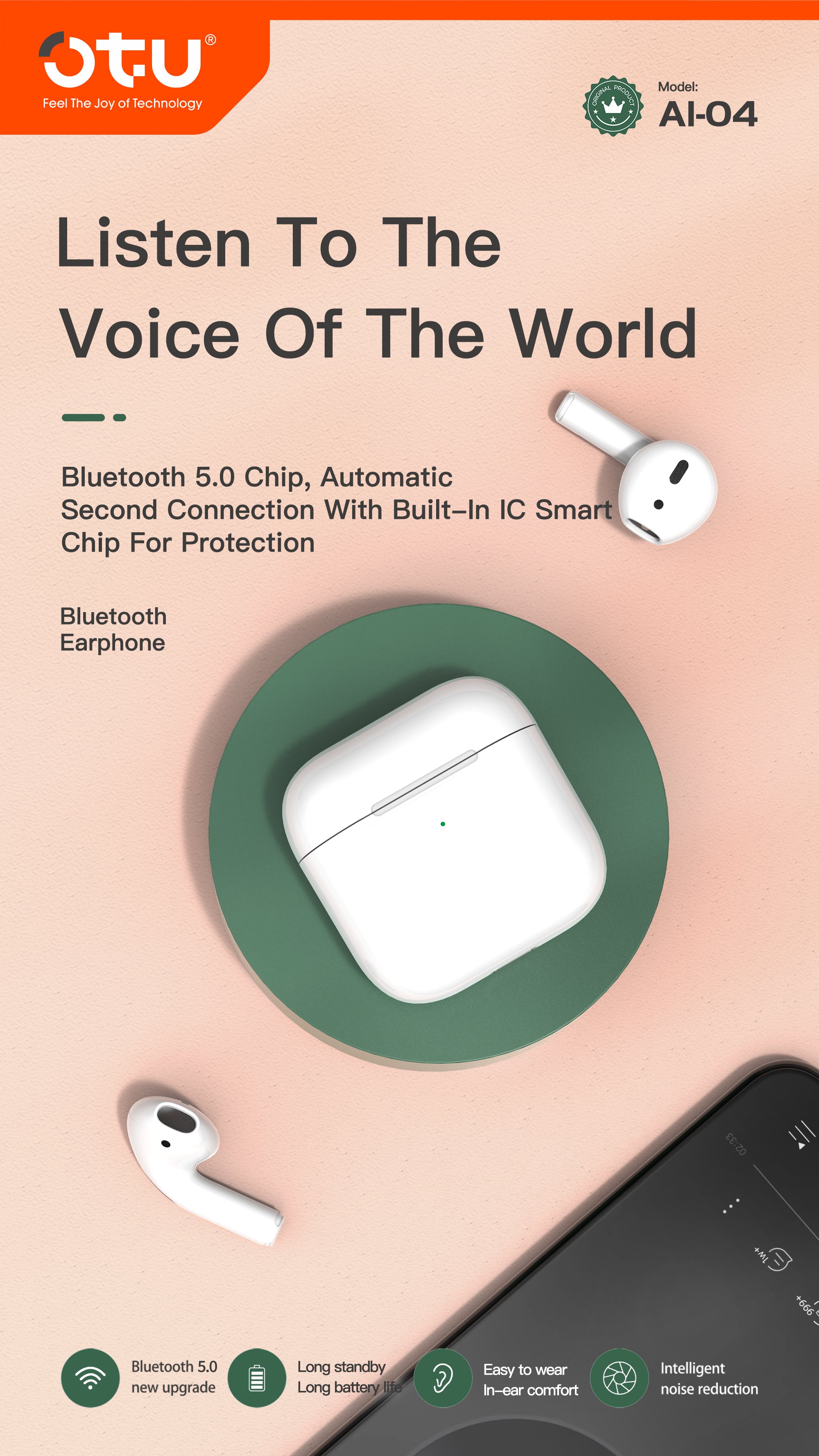 OTU AI-04 Wireless Earbuds - Bluetooth 5.0, 13mm Graphene Drivers, Hi-Fi Stereo Sound, 4H Call Time, Smart Noise Reduction