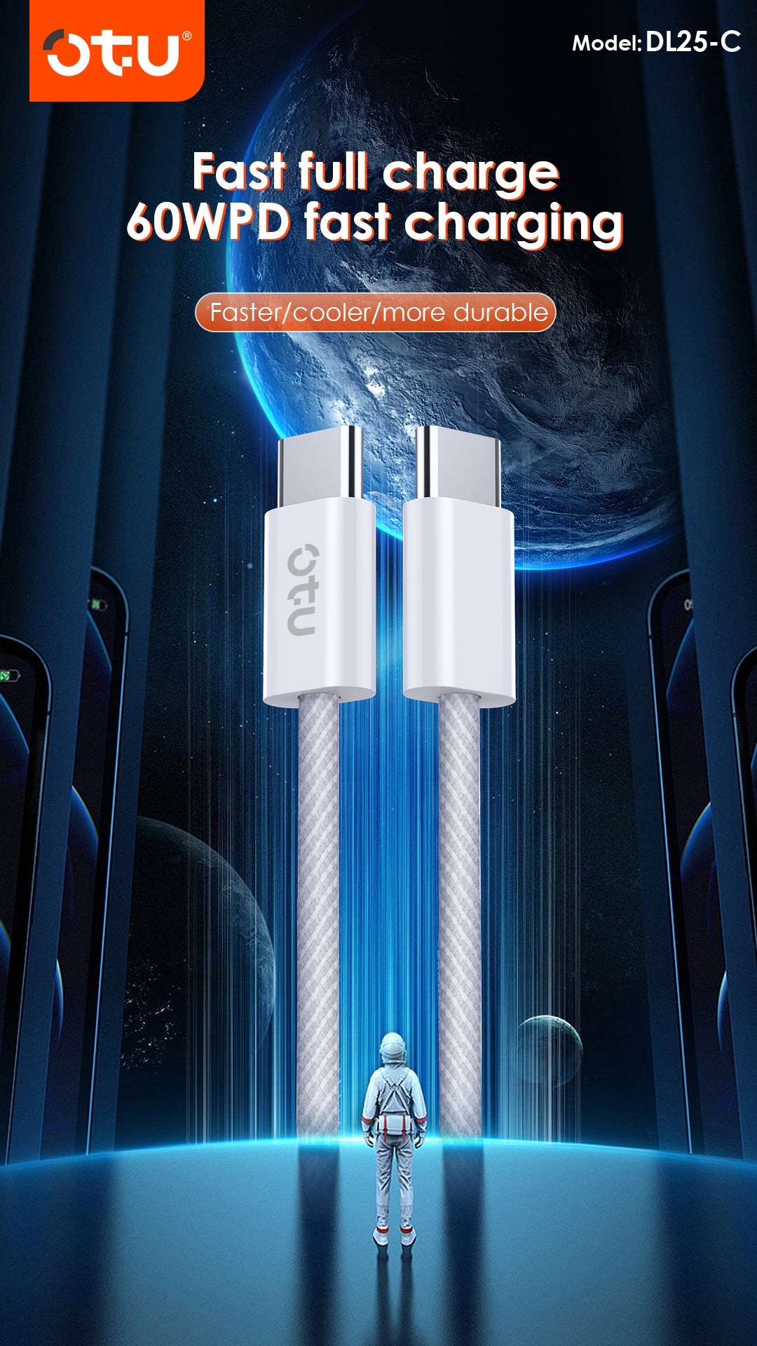 OTU DL25 60W USB-C to USB-C Fast Charging Cable PD Compatible with Apple 15 - Braided Durable & Data Sync