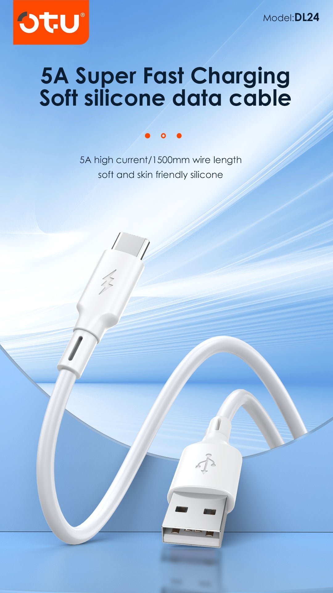 OTU DL24 5A Super Fast Charging Cable 1.5M - Ultra Soft Silicone USB Cable for Type-C & Lightning, High Speed Data Sync & Safe Charging