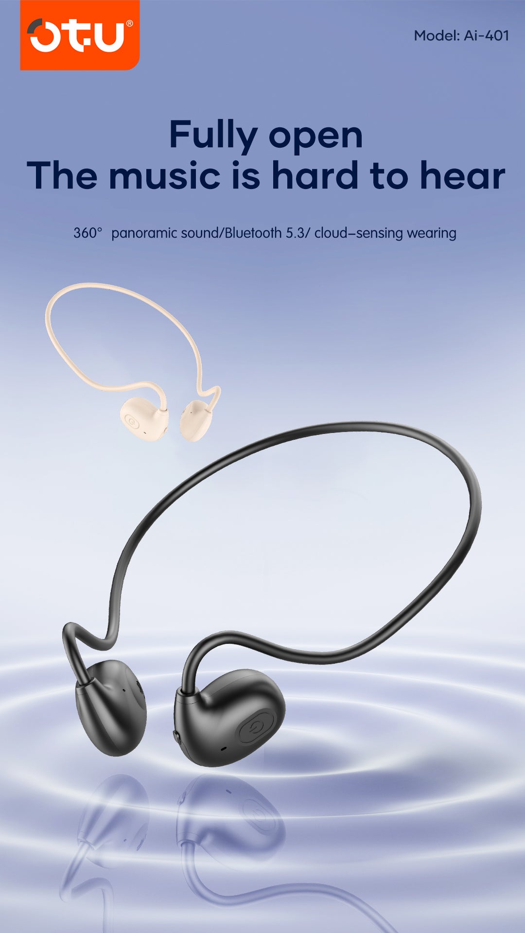 OTU Ai-401 Open Ear Sports Headphones - Bluetooth 5.3, 360° Panoramic Sound, ENC Noise Reduction, Titanium Frame, Sweatproof