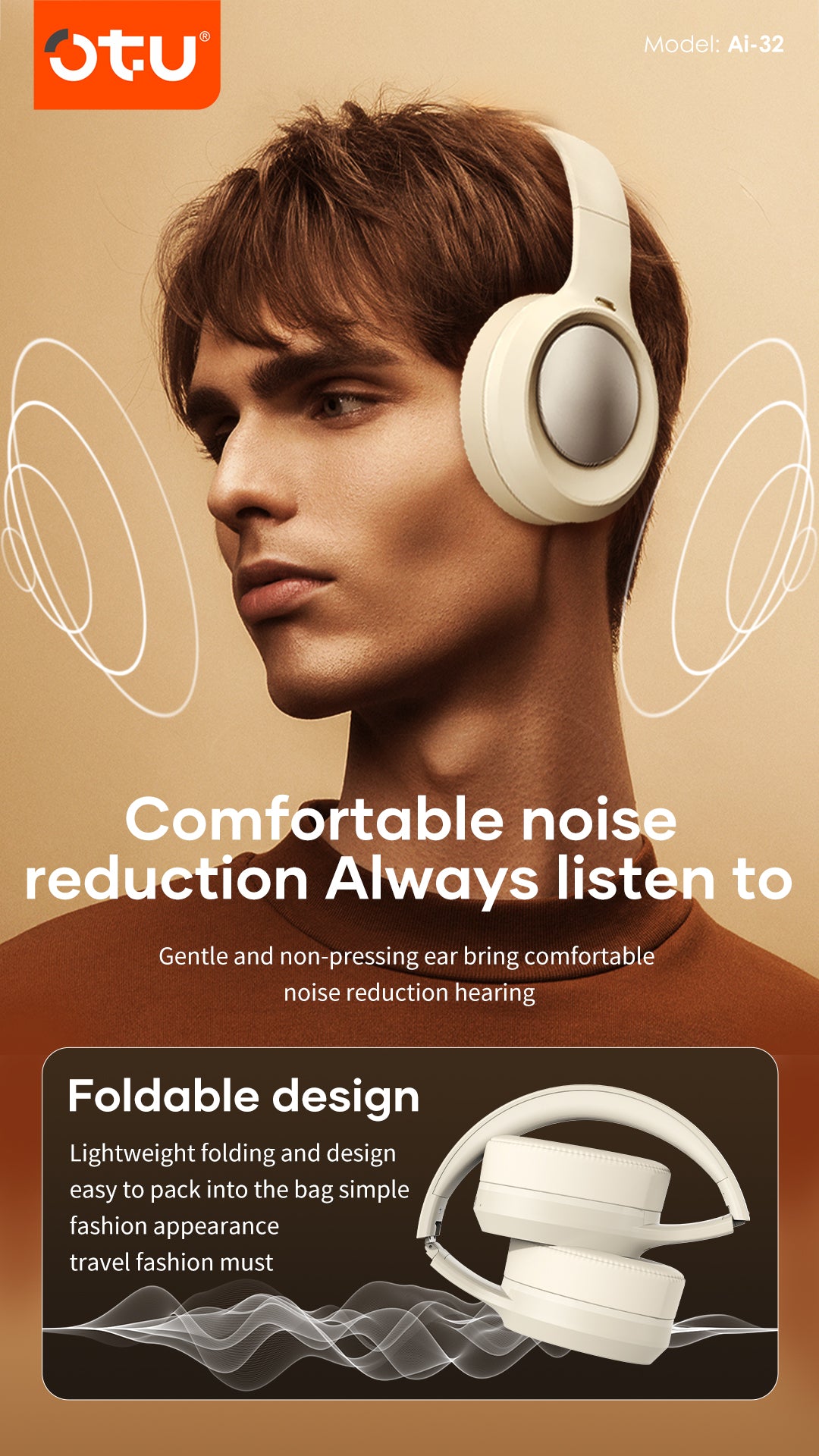 OTU Ai-32 Bluetooth Headphones - 30H Playtime, ENC Noise Cancelling, Foldable, Hi-Fi Sound, Bluetooth 5.4