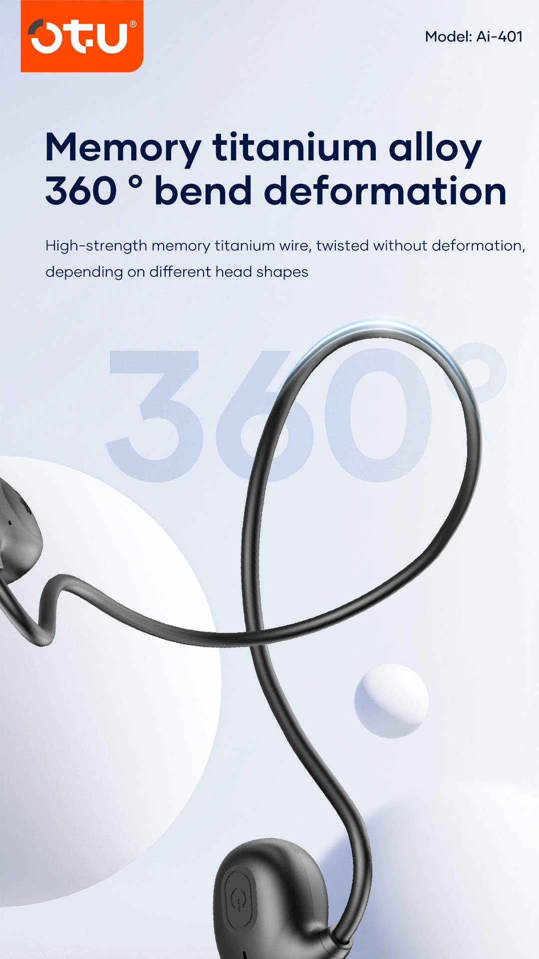 OTU Ai-401 Open Ear Sports Headphones - Bluetooth 5.3, 360° Panoramic Sound, ENC Noise Reduction, Titanium Frame, Sweatproof