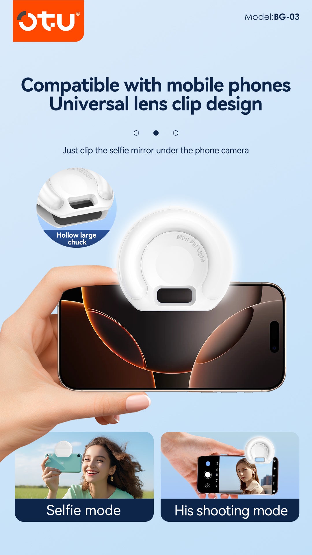 OTU BG03 Mini Selfie Fill Light for Phone & Laptop - Portable Clip-On Camera Light with Type-C Charging