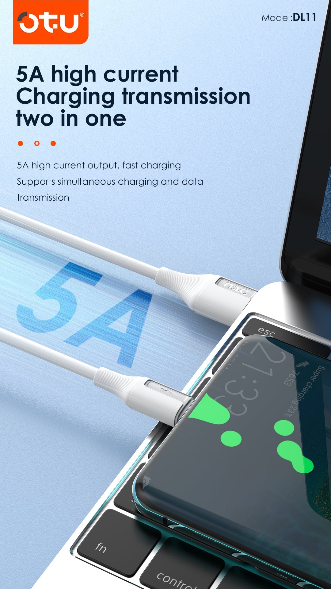 OTU DL11 5A Super Fast Charging Cable [3-Pack] - Braided USB Cable for iPhone, Android, Type C - Intelligent Protection & Data Sync