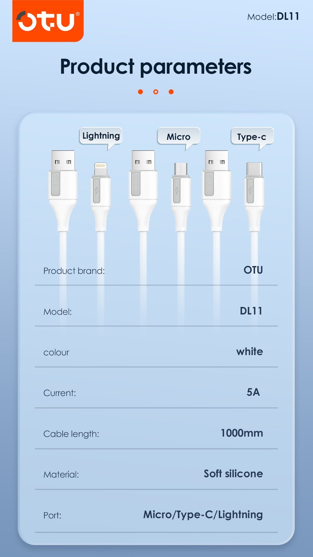 OTU DL11 5A Super Fast Charging Cable [3-Pack] - Braided USB Cable for iPhone, Android, Type C - Intelligent Protection & Data Sync