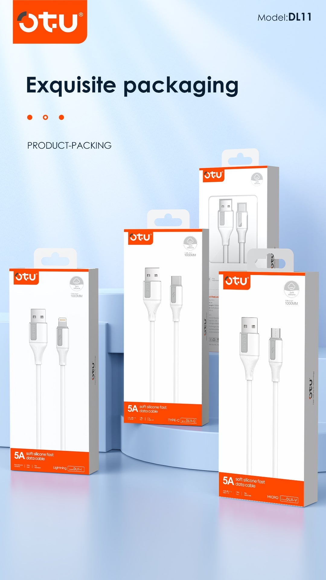 OTU DL11 5A Super Fast Charging Cable [3-Pack] - Braided USB Cable for iPhone, Android, Type C - Intelligent Protection & Data Sync